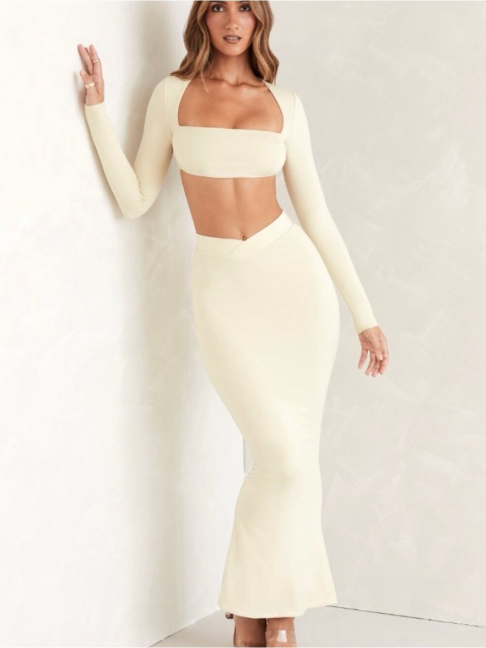 Ohpolly Elegant Cream Two-Piece Long Sleeve Crop Top & Skirt Dress